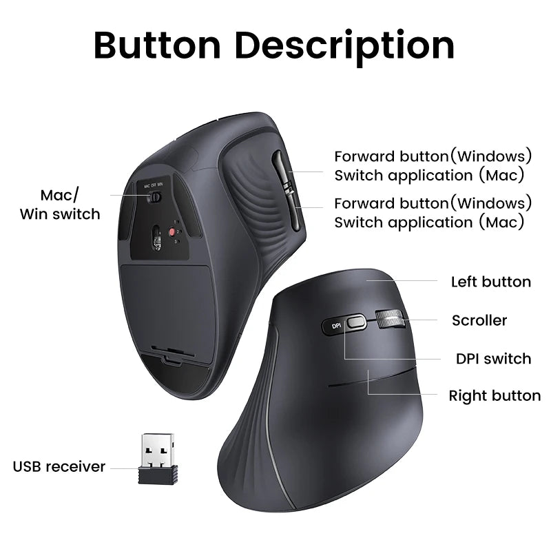 Mouse Vertical Wireless Bluetooth5.0 2.4G Ergonomic 4000DPI 6 Mute Buttons for MacBook Tablet Laptops Computer PC Mice - Magia de Ofertas