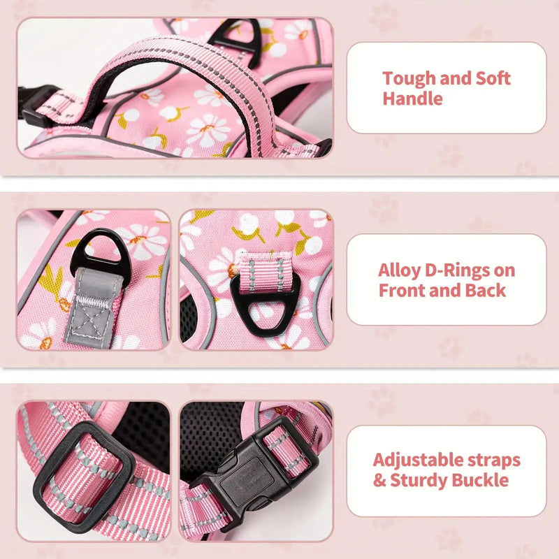 Reflexivo sem Choke Dog Harness Vest, ajustável, macio acolchoado, sem tração, impressão rosa - Magia de Ofertas