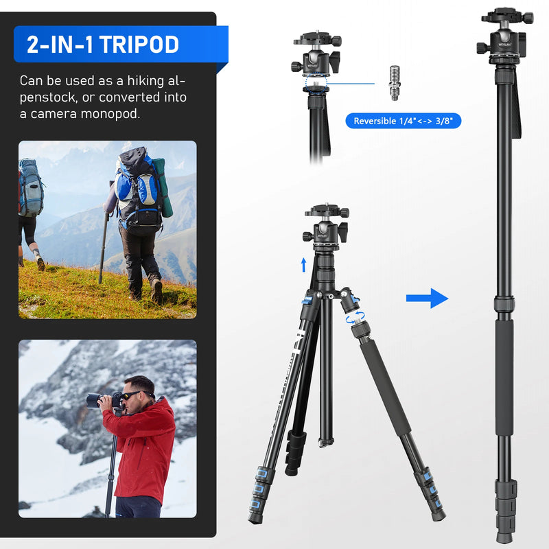 Tripod Professional High 203cm 80in Monopod 1/4 Screw Phone Stand For DSLR Camera Fast Flip Lock CNC 36mm Ball Head Metal Body - Magia de Ofertas