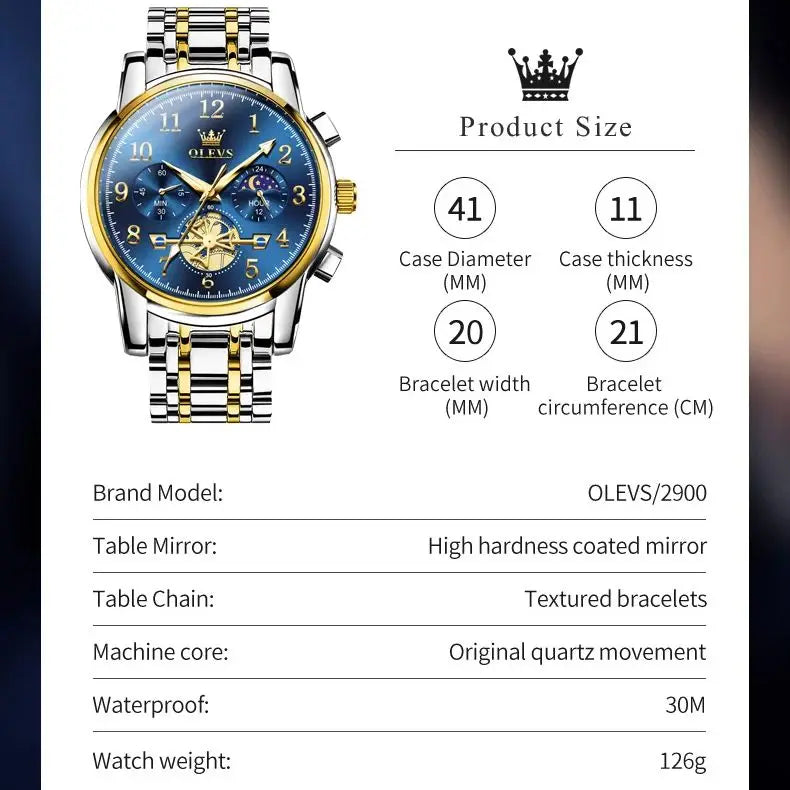 OLEVS 2900 Moon Phase Watch Men Stainless Steel Waterpoof Luminous  Fashion Skeleton Chronograph Quartz Wrist Watch for Men NEW Magia de Ofertas