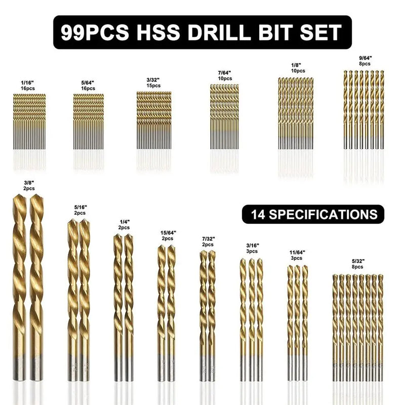 99pcs 1/4"-1/16" Twist Drill Set Anti-rust Wear Protection High Speed Steel Titanium Coated Drill Bit Landing Magia de Ofertas