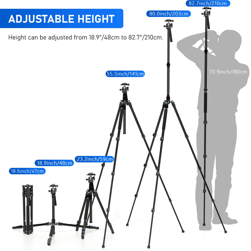 Tripod Professional High 203cm 80in Monopod 1/4 Screw Phone Stand For DSLR Camera Fast Flip Lock CNC 36mm Ball Head Metal Body - Magia de Ofertas