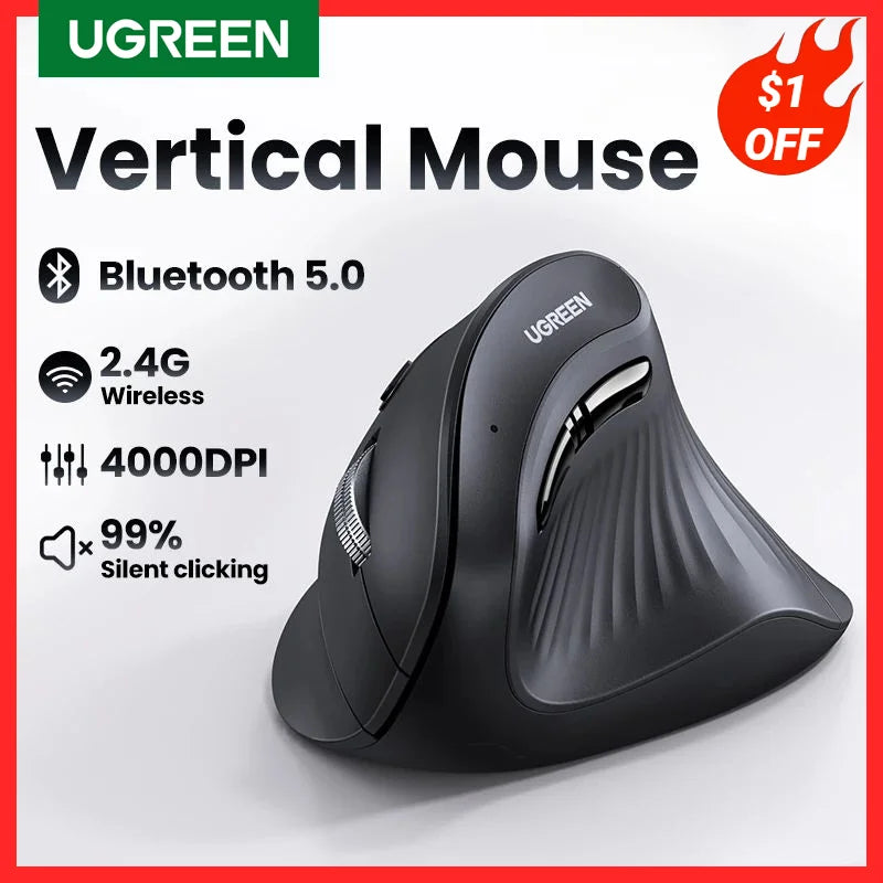 Mouse Vertical Wireless Bluetooth5.0 2.4G Ergonomic 4000DPI 6 Mute Buttons for MacBook Tablet Laptops Computer PC Mice - Magia de Ofertas