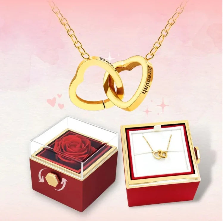 Custom Double Heart engraved Name Steel Necklace Eternal Rose box for Women Valentine's Day Gift 2024 Magia de Ofertas