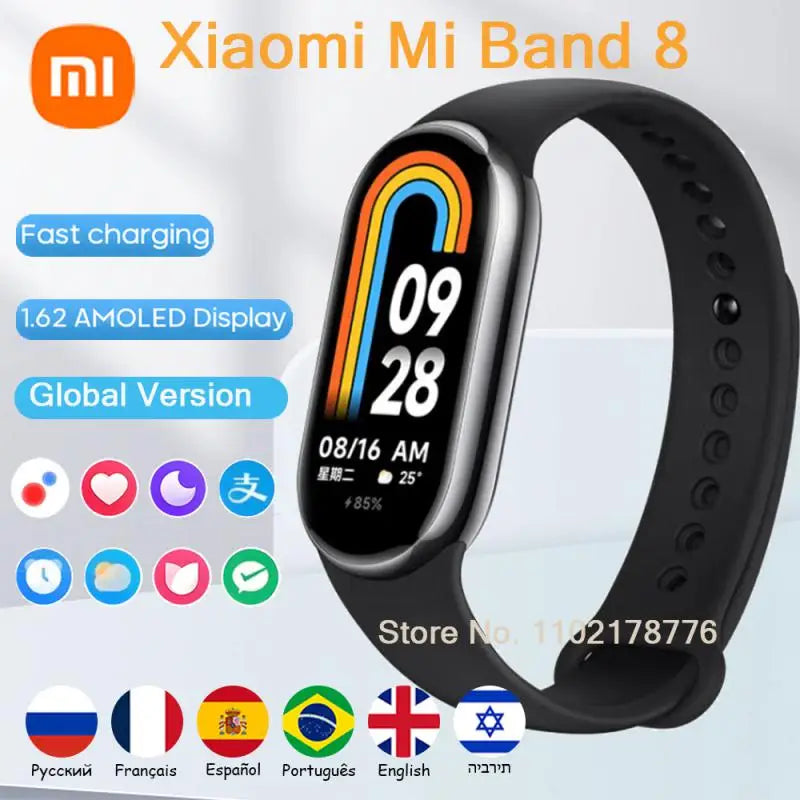 Xiaomi mi band 8 versão global pulseira inteligente 8 1.62 tela amoled miband8 oxigênio no sangue fitness traker pulseiras à prova dwaterproof água - Magia de Ofertas