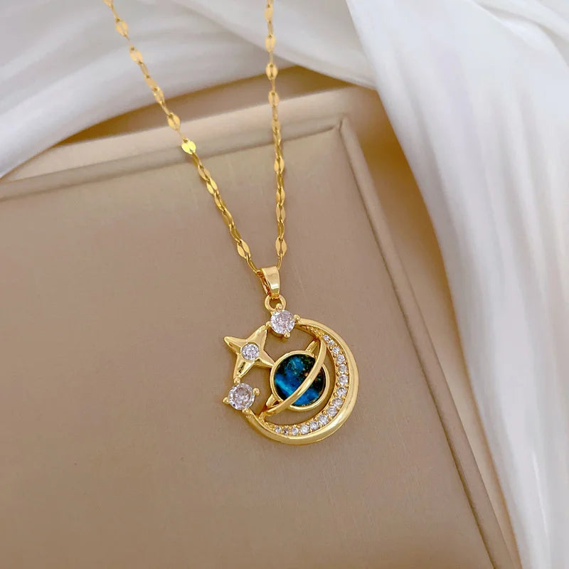 Exquisite Starry Sky Planet Zircon Necklace for Women Luxury Shiny Star Moon Pendant Stainless Steel Clavicle Chain Jewelry Gift Magia de Ofertas