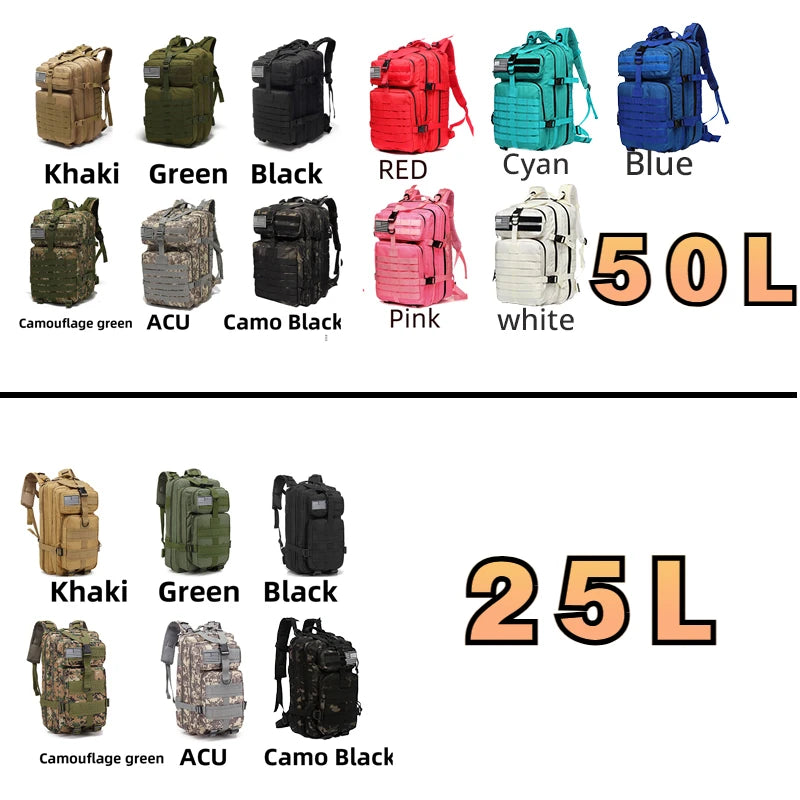 25L/50L 1000D Nylon Waterproof Trekking Fishing Hunting Bag Backpack Outdoor Rucksacks Tactical Sports Camping Hiking Magia de Ofertas