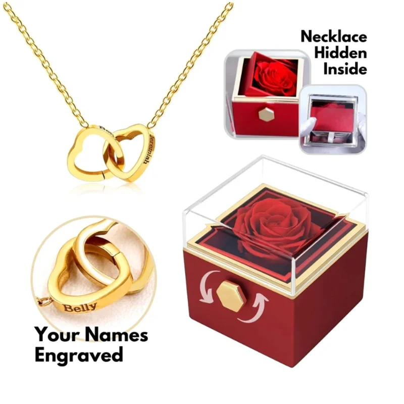 Custom Double Heart engraved Name Steel Necklace Eternal Rose box for Women Valentine's Day Gift 2024 Magia de Ofertas