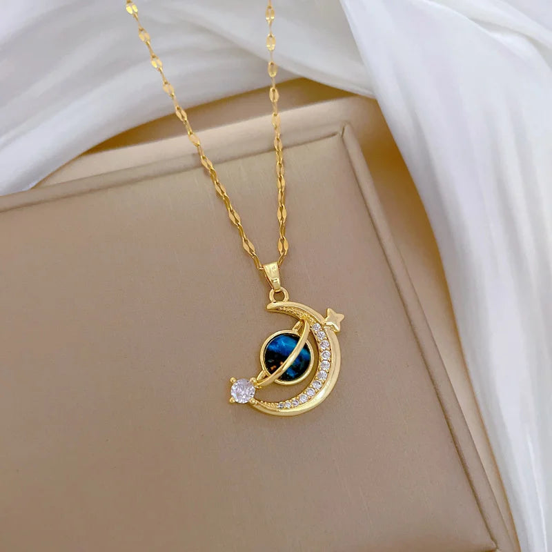 Exquisite Starry Sky Planet Zircon Necklace for Women Luxury Shiny Star Moon Pendant Stainless Steel Clavicle Chain Jewelry Gift Magia de Ofertas